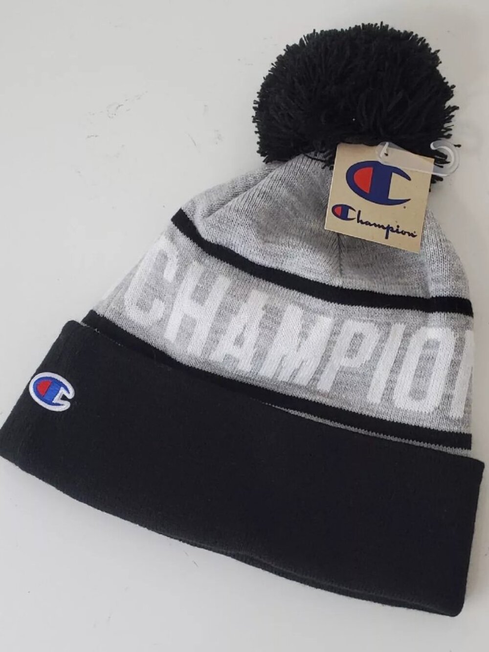 CHAMPION BEANIE HAT MEN WITH POM EMBROIDERED "C" LOGO ONESIZE COLD WEATHER GREY
